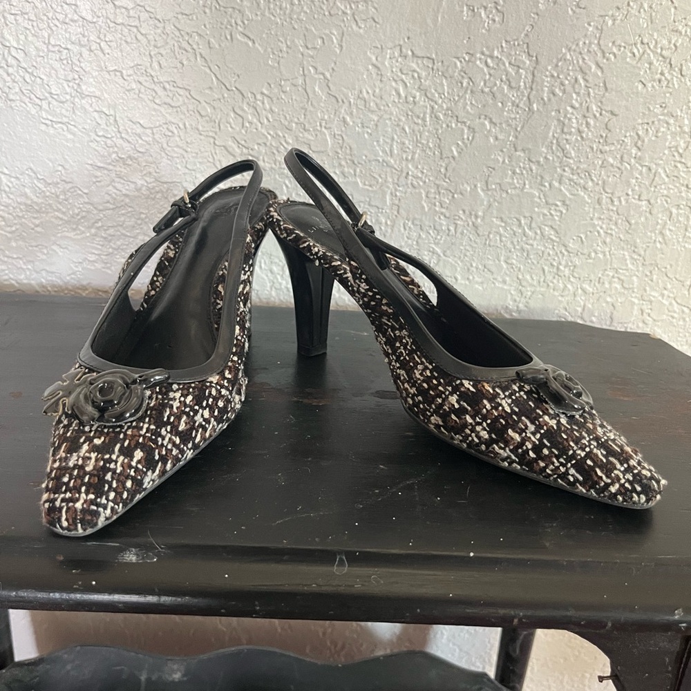 Adore Black and Brown Tweed Slingback Heels with Floral Accent